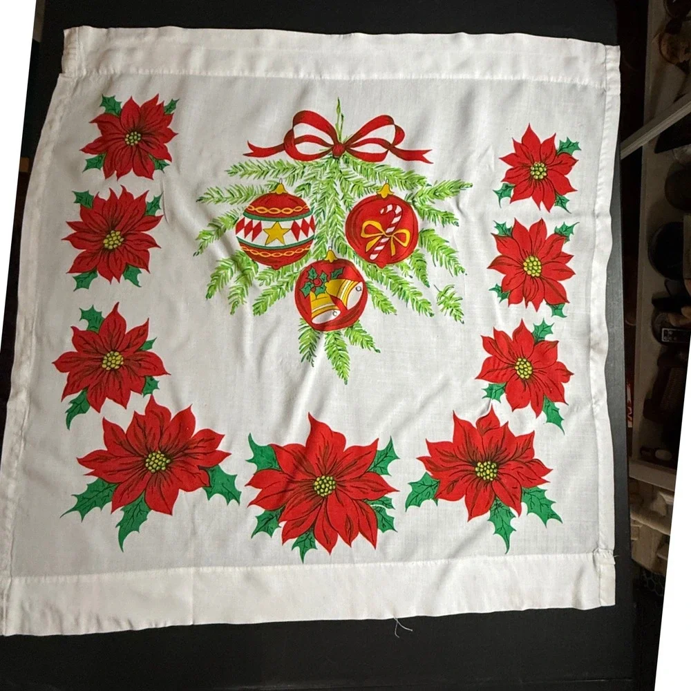 Vintage Christmas Poinsettia Cafe Curtains White Ornaments Made in Japan MCM